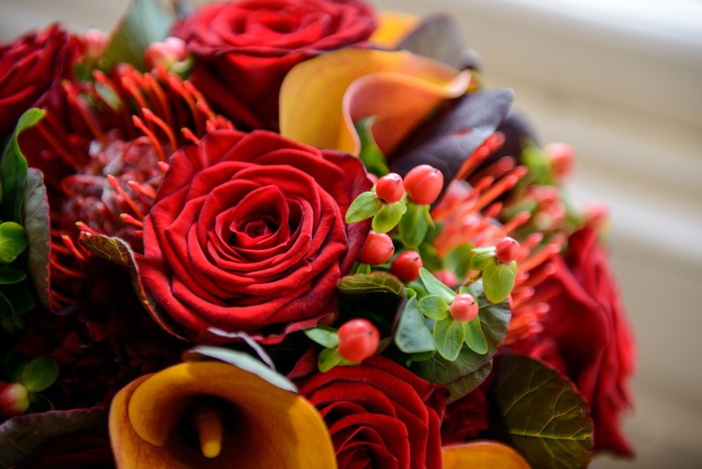 Autumnal Wedding Bouquet with red Roses